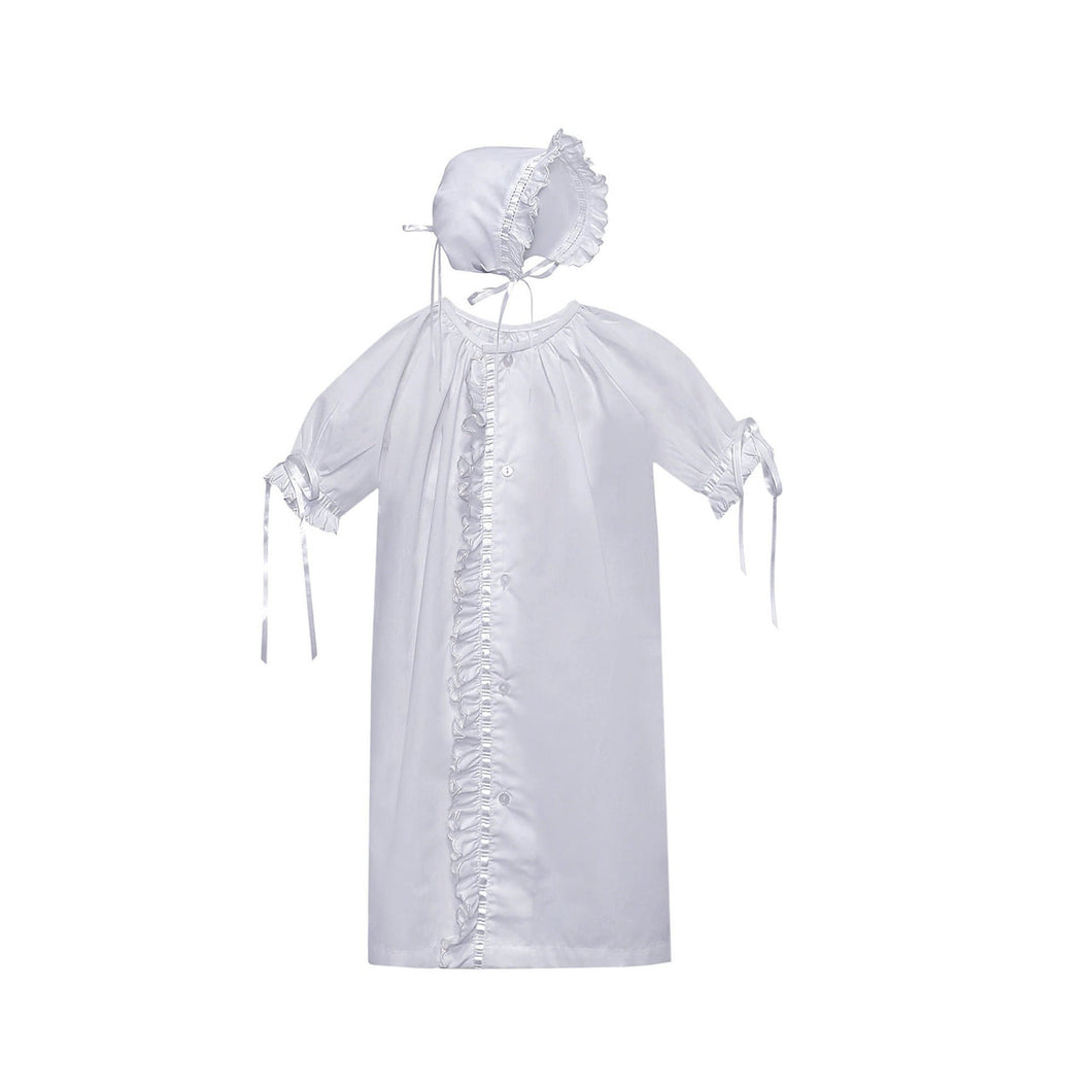 White/White Scallop Ruffle Finn Daygown + Bonnet Set