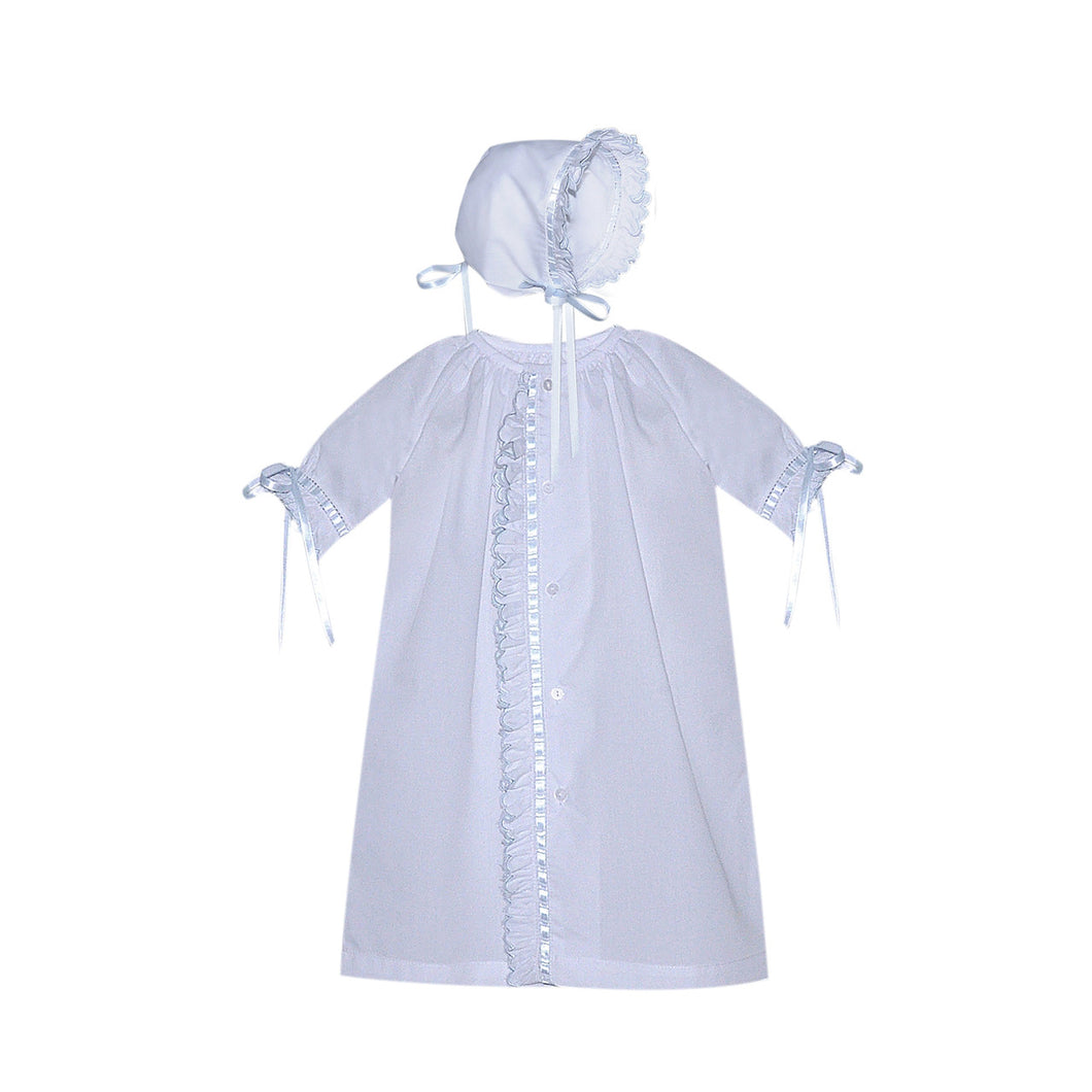 White/Blue Scallop Ruffle Finn Daygown + Bonnet Set