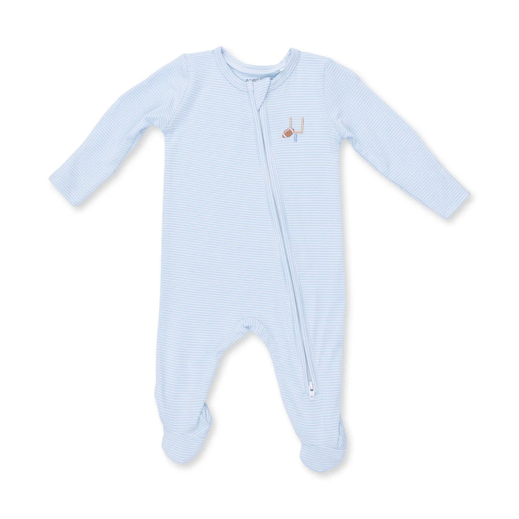 Football Blue Micro Stripe 2 Way Zipper Footie