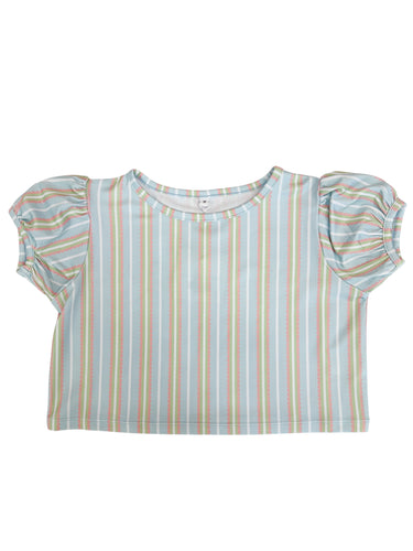 Blue/Pink Stripe Puff Sleeve Athleisure Top