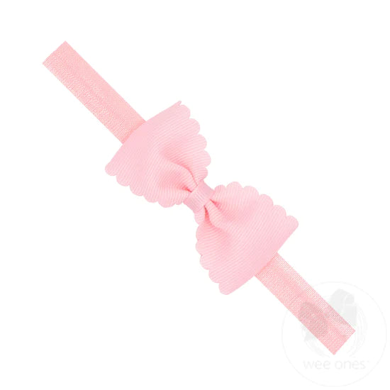 Small Pink Scalloped Edge Grosgrain Bowtie on Elastic Band
