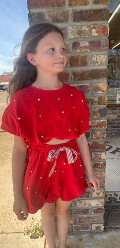 Red Terry/Pearl Bubble Hem Skort Set