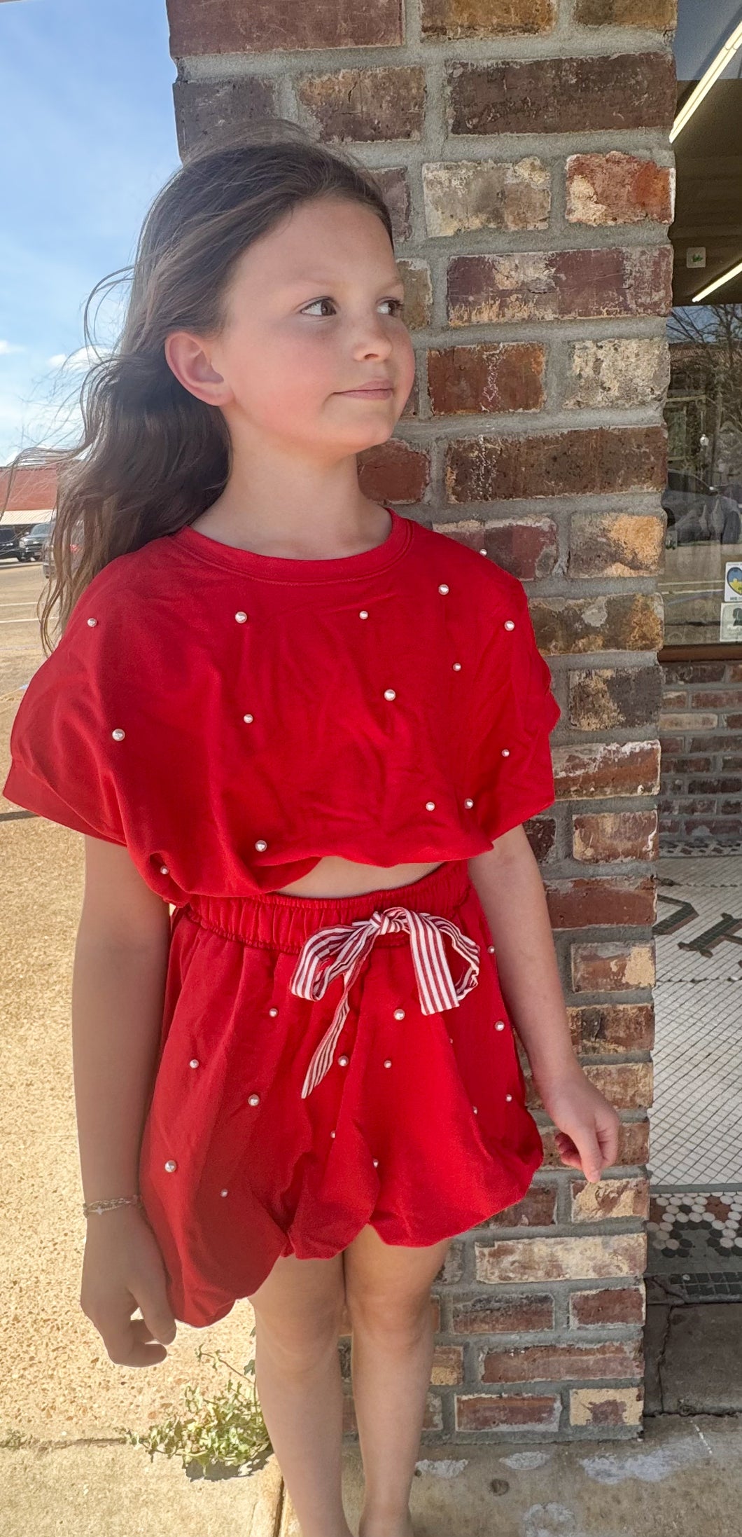 Red Terry/Pearl Bubble Hem Skort Set