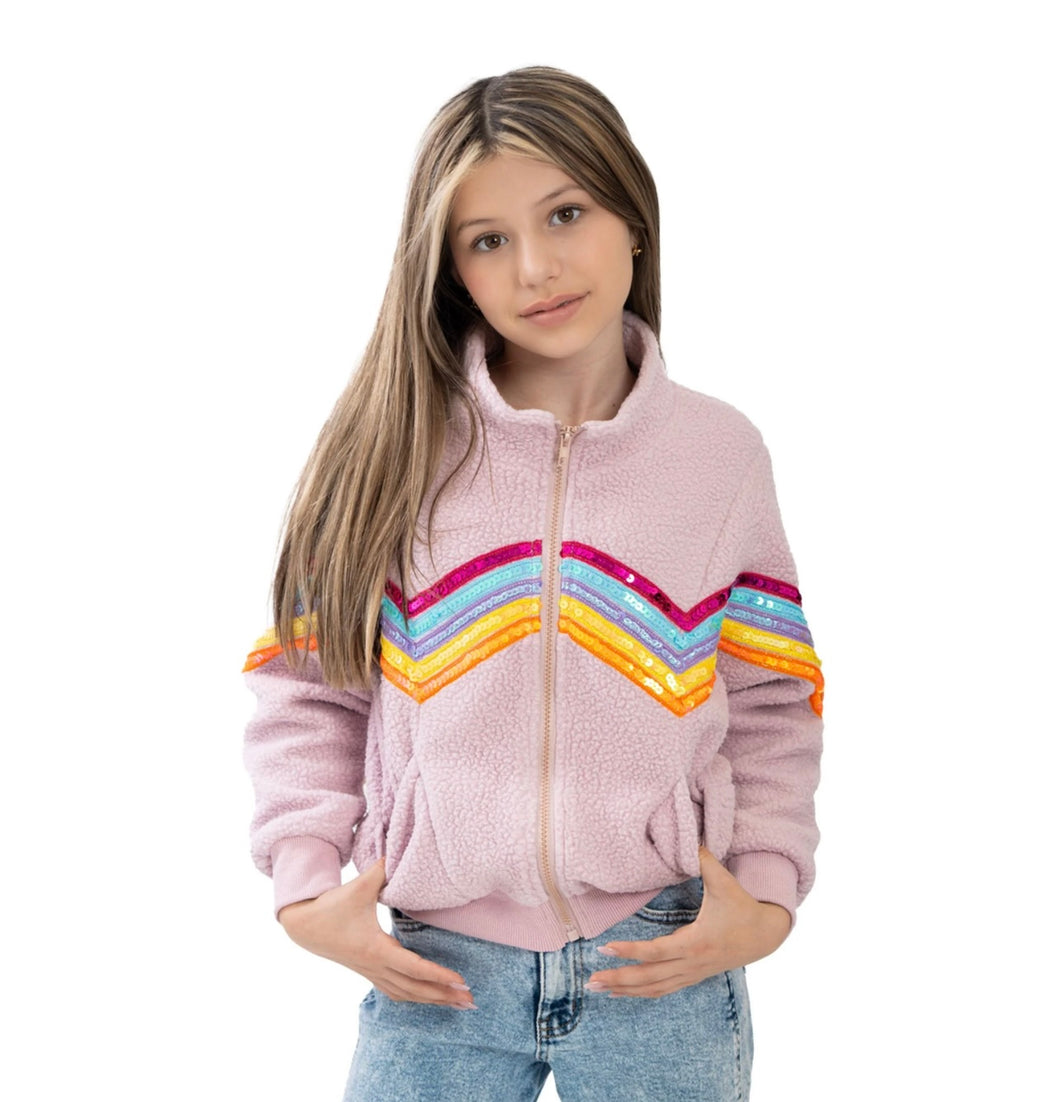 Sequin Ribbon Zip Up Sherpa Jacket