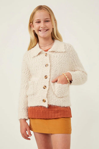 Cream Fuzzy Popcorn Knit Button Up Collared Sweater Cardigan