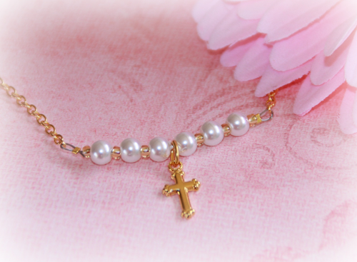 Gold Pearl Cross Necklace