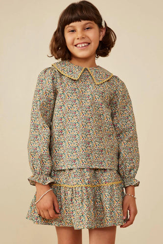 Wavy Twill Trimmed Peter Pan Collar Top/Skirt Set