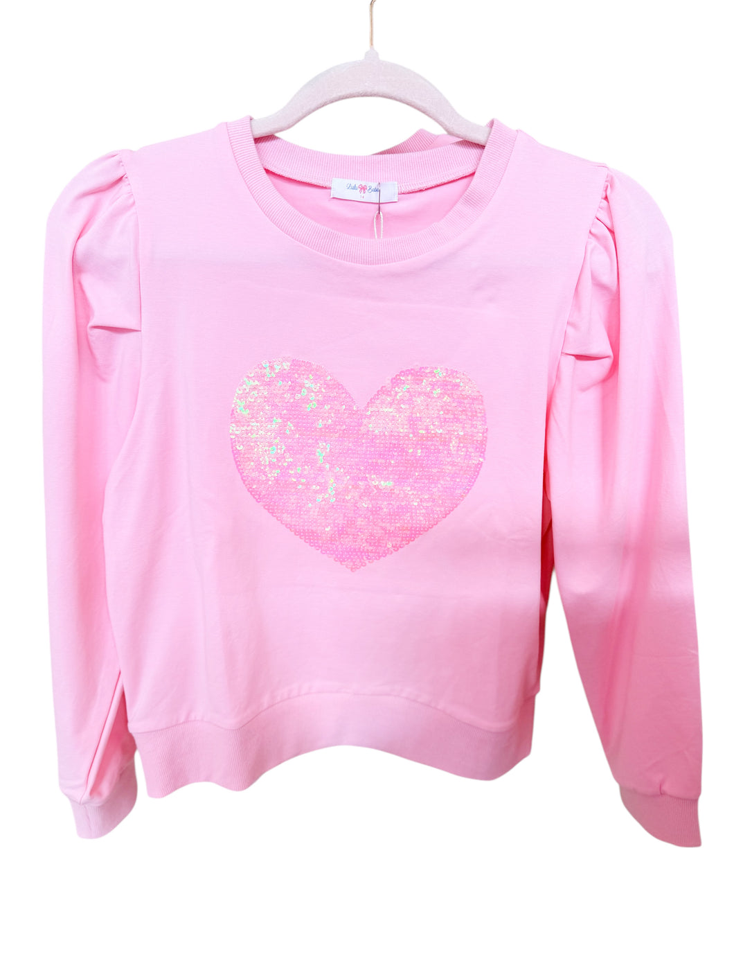 Pink LS Heart Sequin Puff Sleeve Sweatshirt