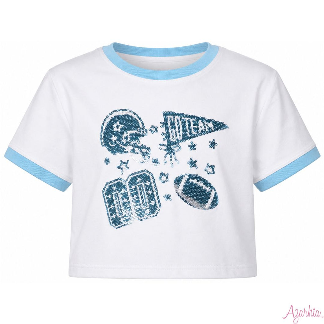 Football Sequin Boxy T - Light Blue