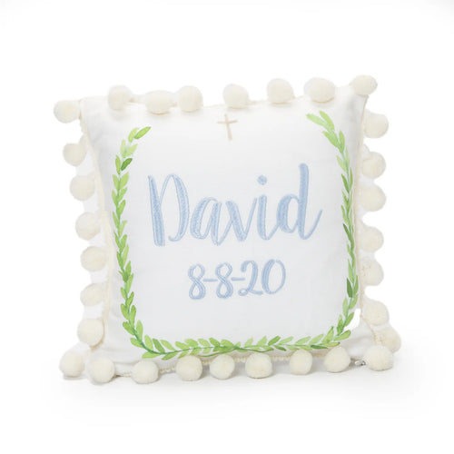 Laurel w/ Cross pillow with cream pompom trim