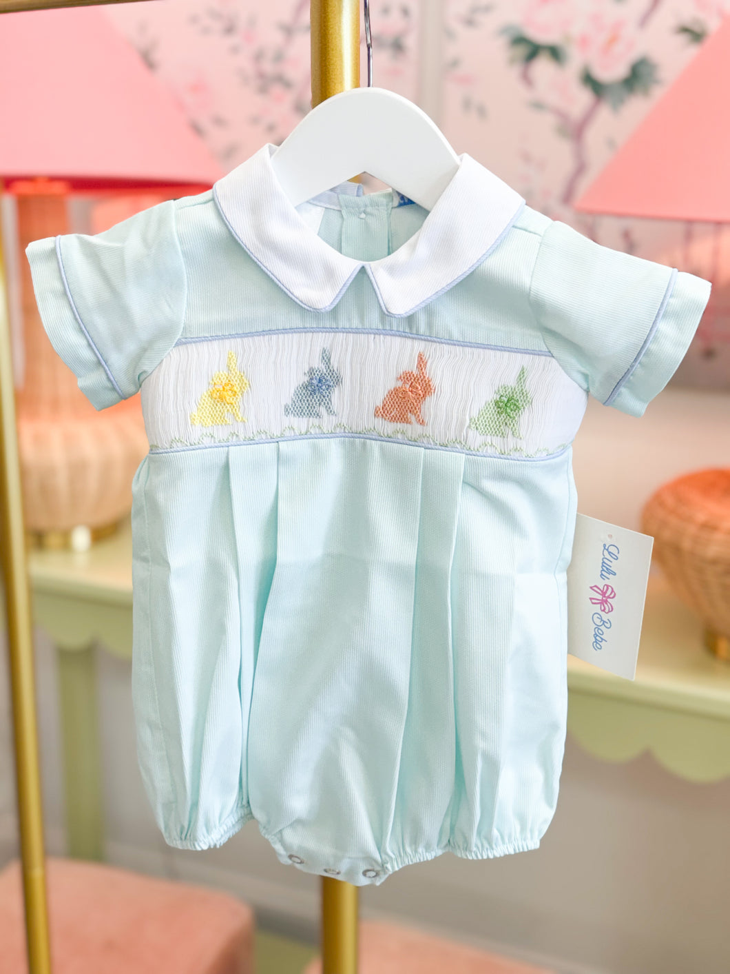 Mint Bunny Smocked Boy Bubble