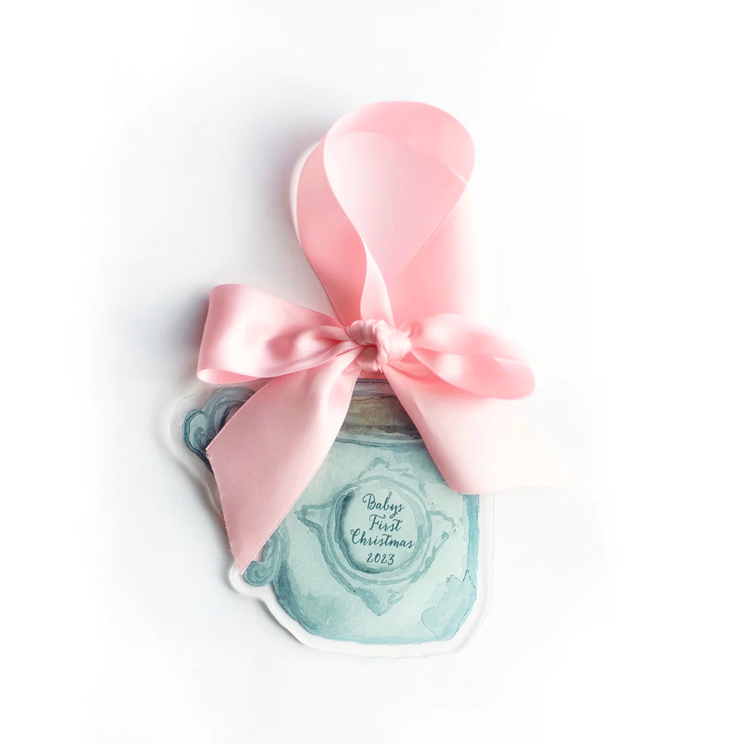 Baby Cup Ornament with Pink/Blue Ribbon