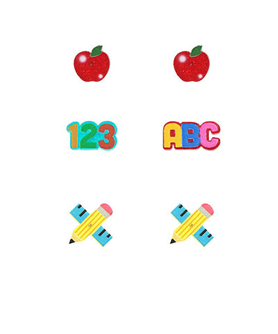 3 Pack Apple,ABC, Pencil Studs