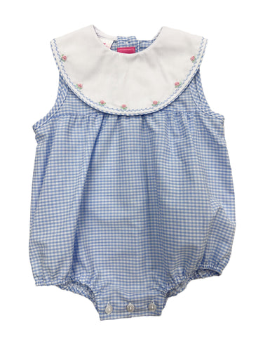 Light blue gingham sleeveless girl's bubble w/round collar hand embroidered