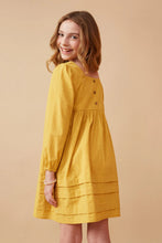 Mustard Square Neck Textured Stripe Pleat Detail Dress