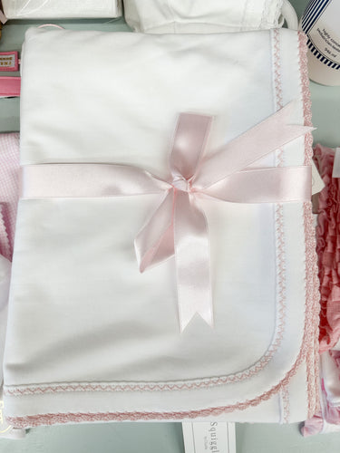 White W/ Pink Crochet Trim Blanket