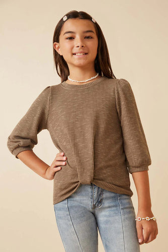 Olive Ribbed Knit 3/4 Sleeve Twist Front Top