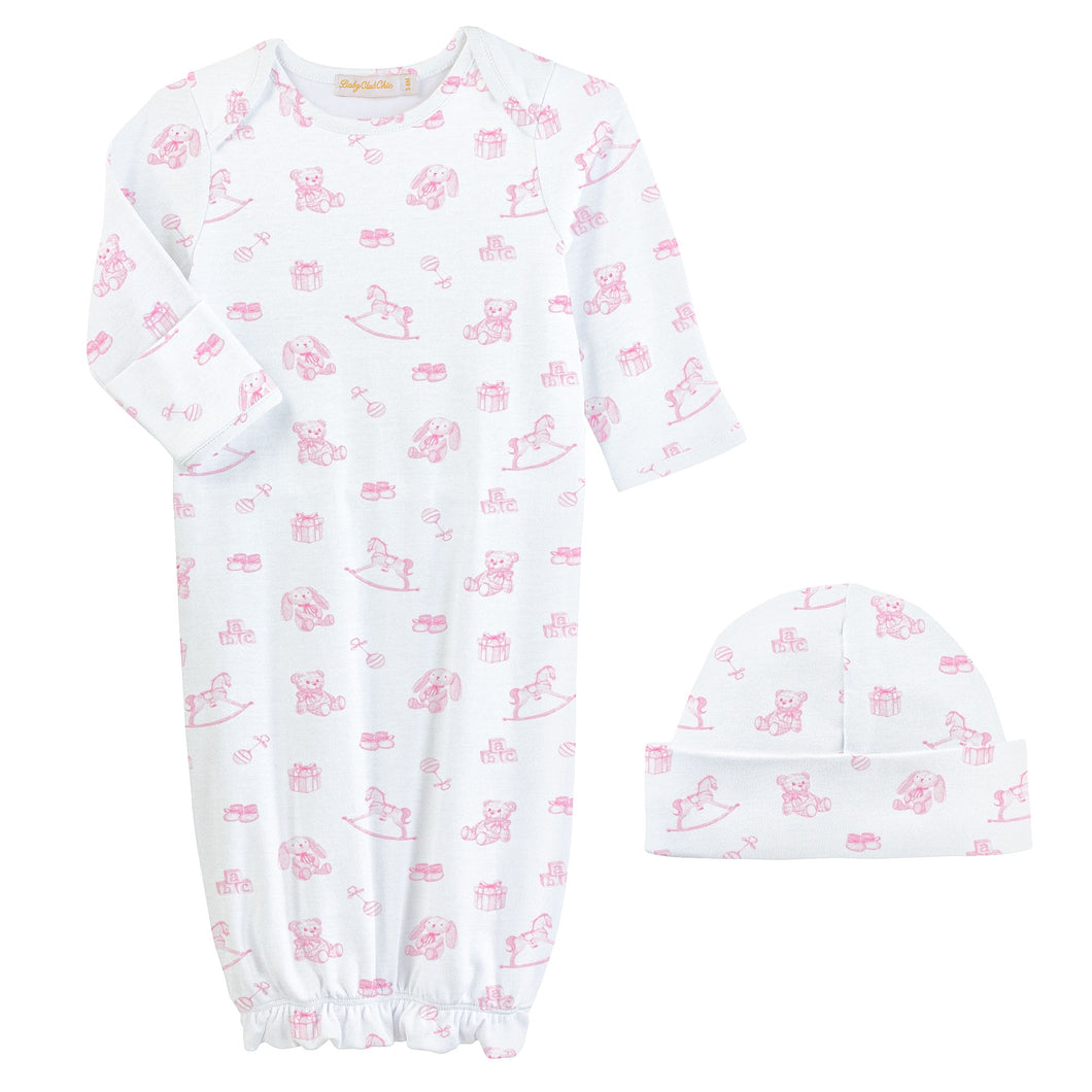 Pink Tiny Toys Printed Pima Gown & Hat Set