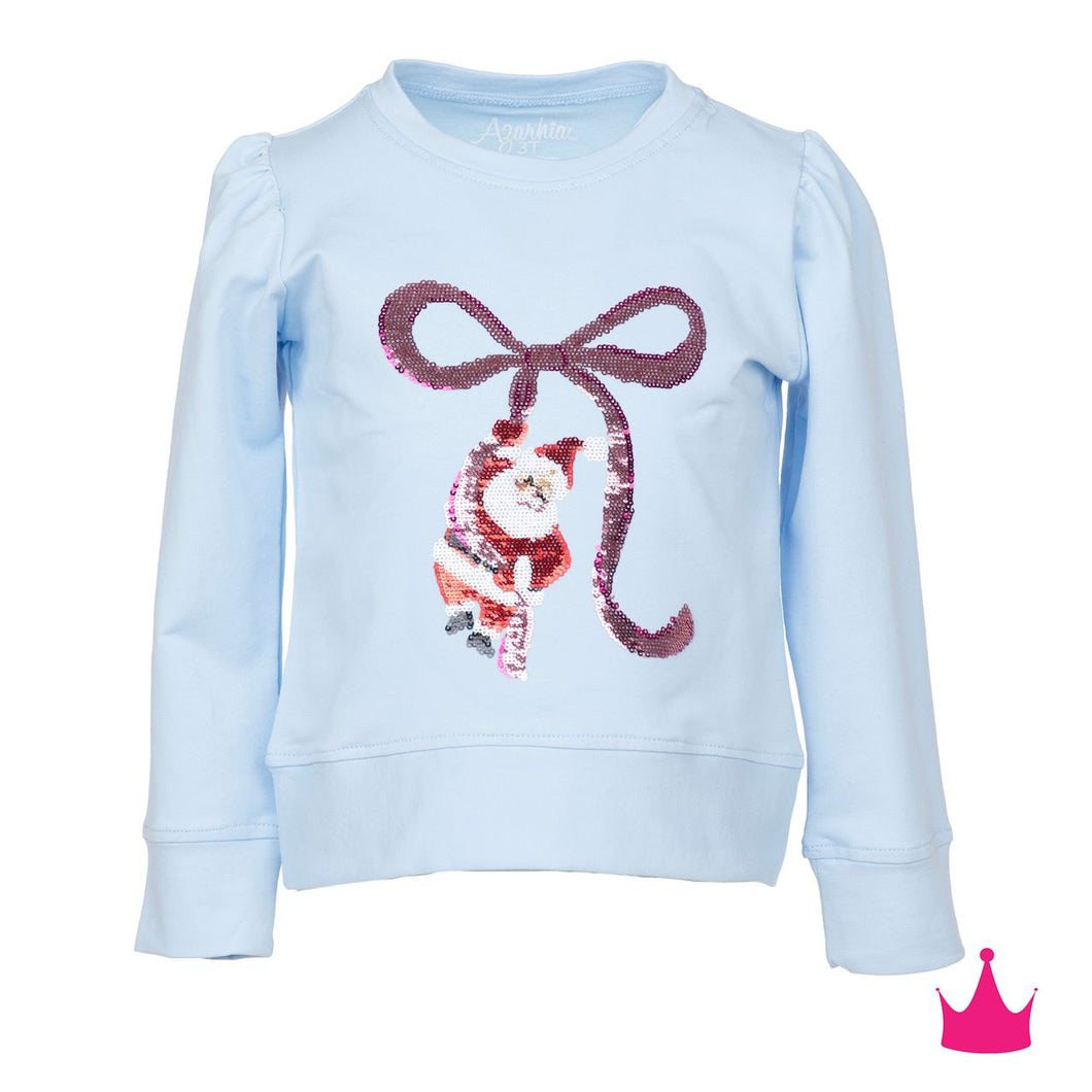 Sequin Santa Bow Light Blue Sweatshirt
