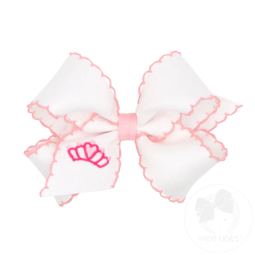 Medium Grosgrain Moonstitch Embroidered Crown Girls Hair Bow