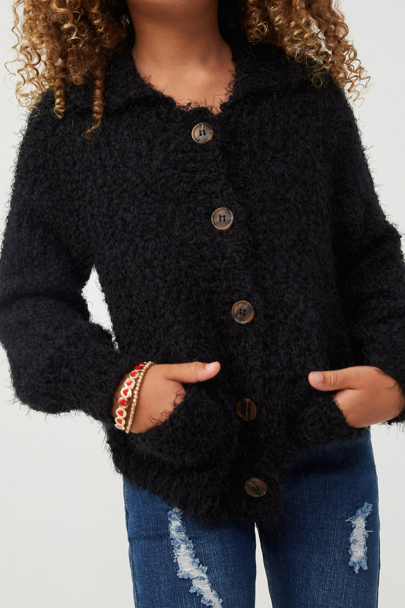Black Fuzzy Popcorn Button Up Collared Sweater Cardigan