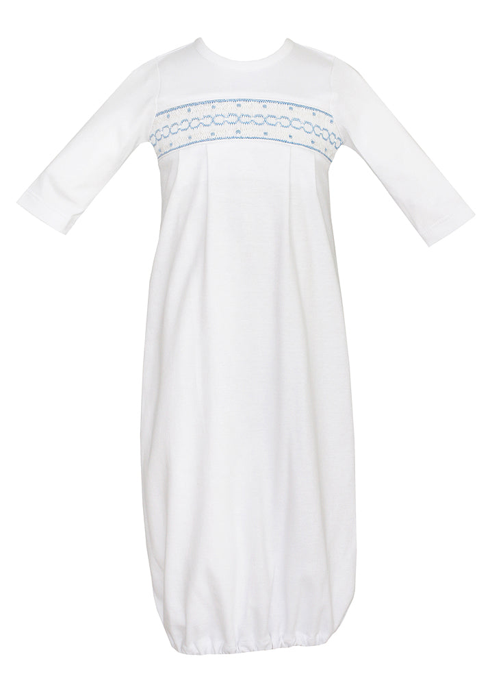 White Knit Gown w/ Blue Smocking