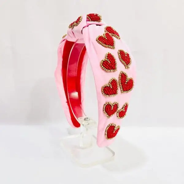 Beaded Hearts Top Knot Pink Headband