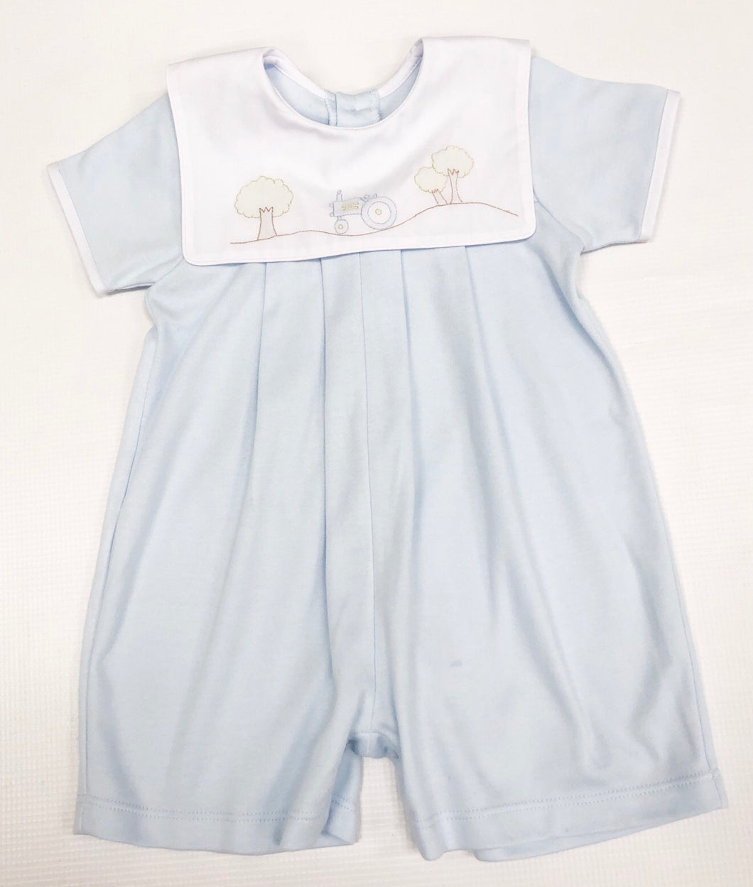 Blue Knit Shortall w/ Tractor Embroidery