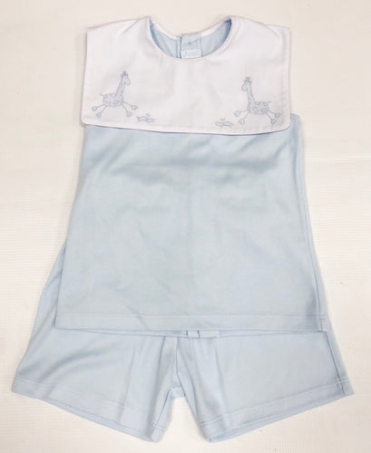 Blue Knit Short Set w/ Giraffe Embroidery