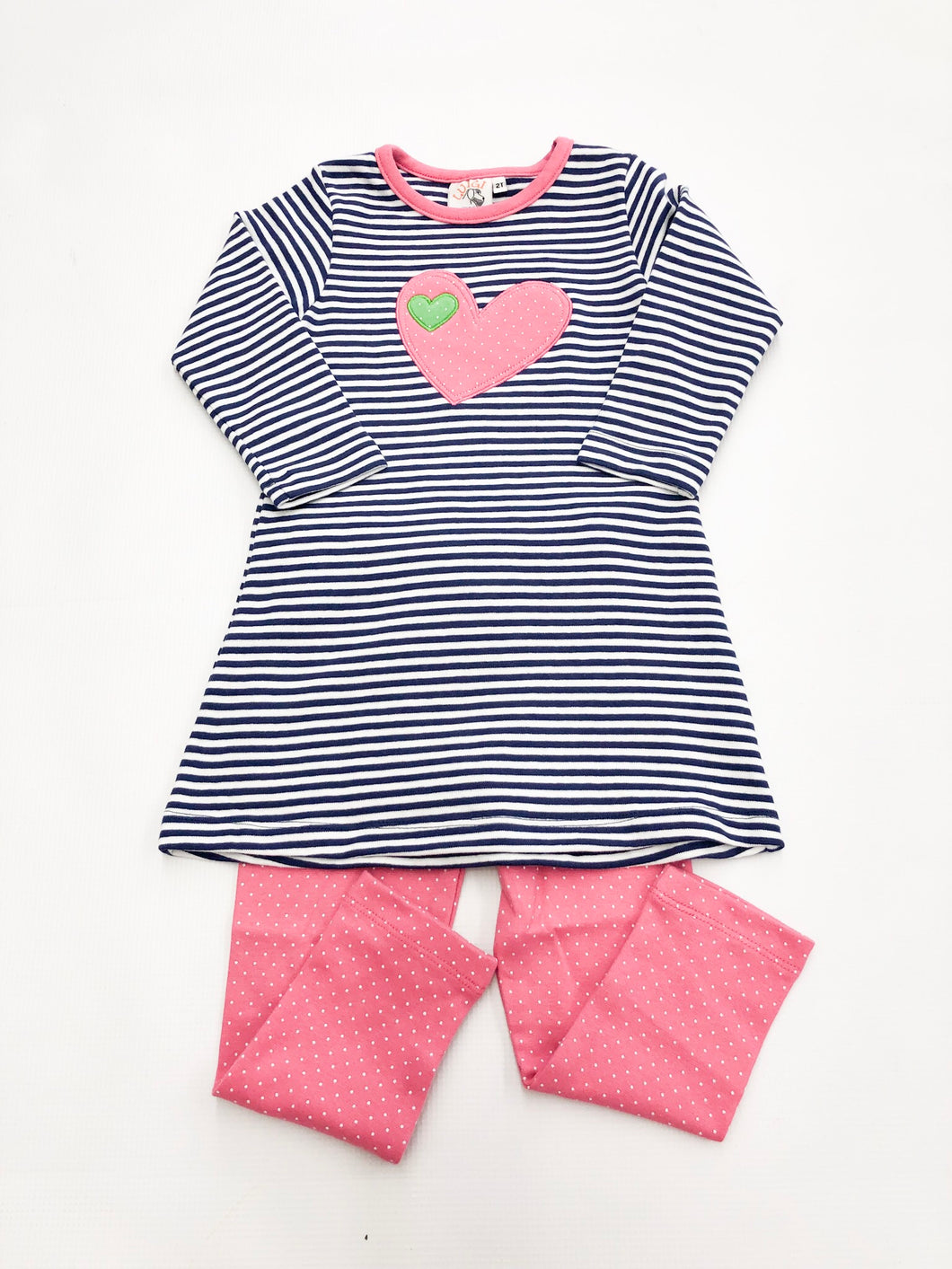 L/S Navy Stripe Tee w Heart and Pink Dot Pant