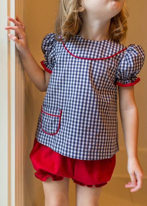 Navy Gingham Top with Red Bloomers