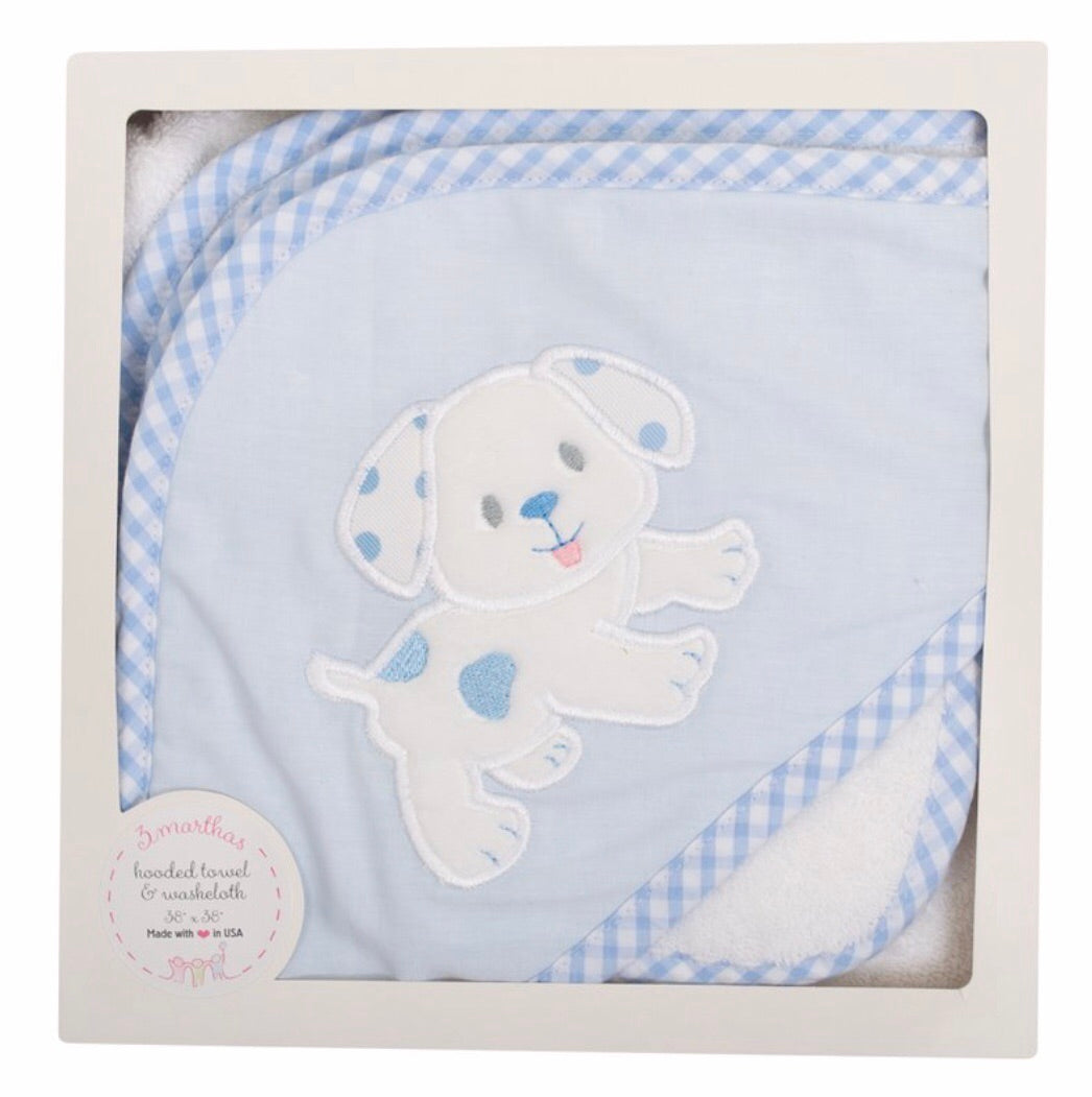 Blue Puppy Hooded Towel/Wash Cloth Set