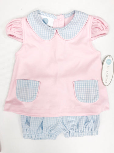 Pink Knit Top w Lt Blue Gingham Collar and Bloomer Set