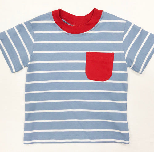 Chambray Stripe Tee w/ Red Pocket