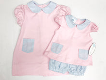 Pink Knit Top w Lt Blue Gingham Collar and Bloomer Set