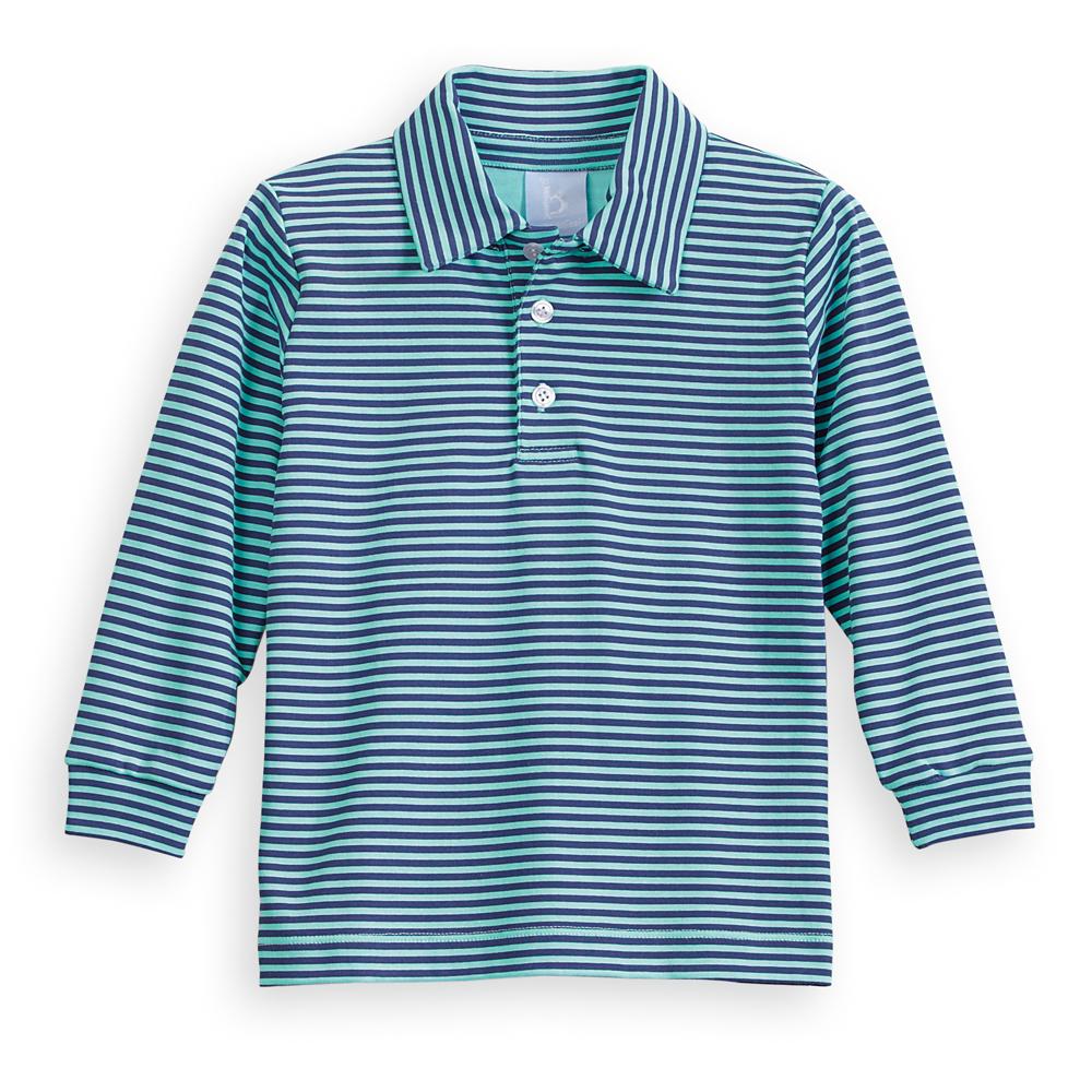 Striped Pima Polo Tee - Navy/Turquoise
